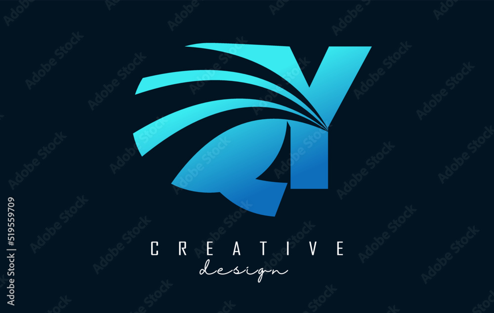 Creative blue letters QY q y logo with leading lines and road concept design. Letters with geometric design. Creative blue letters QY q y logo with leading lines and road concept design. Letters with geometric design.