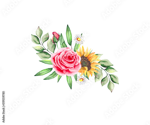 Botanical composition with yellow sunflower, rose, daisies, green leaves and eucalyptus. Watercolor drawing of a flower bouquet isolated on a white background.