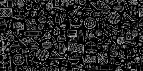 Picnic day. Seamless pattern for your design. Outdoor relax elements - Basket, drinks, food, game, sport. Vector illustration