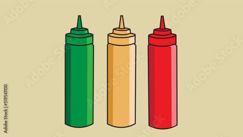 Three variations of bottle sauce, mustard sauce, and chili sauce vector illustration