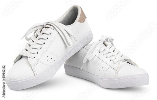 White leather sneakers with shoelaces bows isolated on white background with clipping path. Full Depth of Field