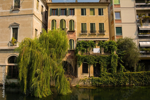 Houses line the banks of the Sile River as it flows through the historic centre of Treviso in Veneto, north east Italy 
