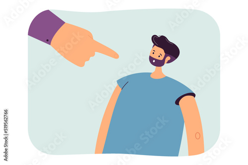 Finger pointing at confused cartoon man. Employer or boss scolding worker flat vector illustration. Conflict, problem, stress from work concept for banner, website design or landing web page
