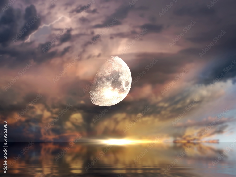  big moon  on stormy dramatic sky pink cloudy sunset at sea pastel color sun beam seascape nature landscape.