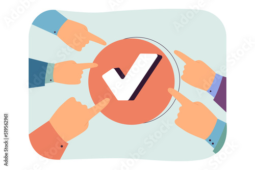 Fingers of cartoon people pointing at check mark. Positive customer feedback or successful business deal flat vector illustration. Teamwork, agreement or approval concept for banner or website design