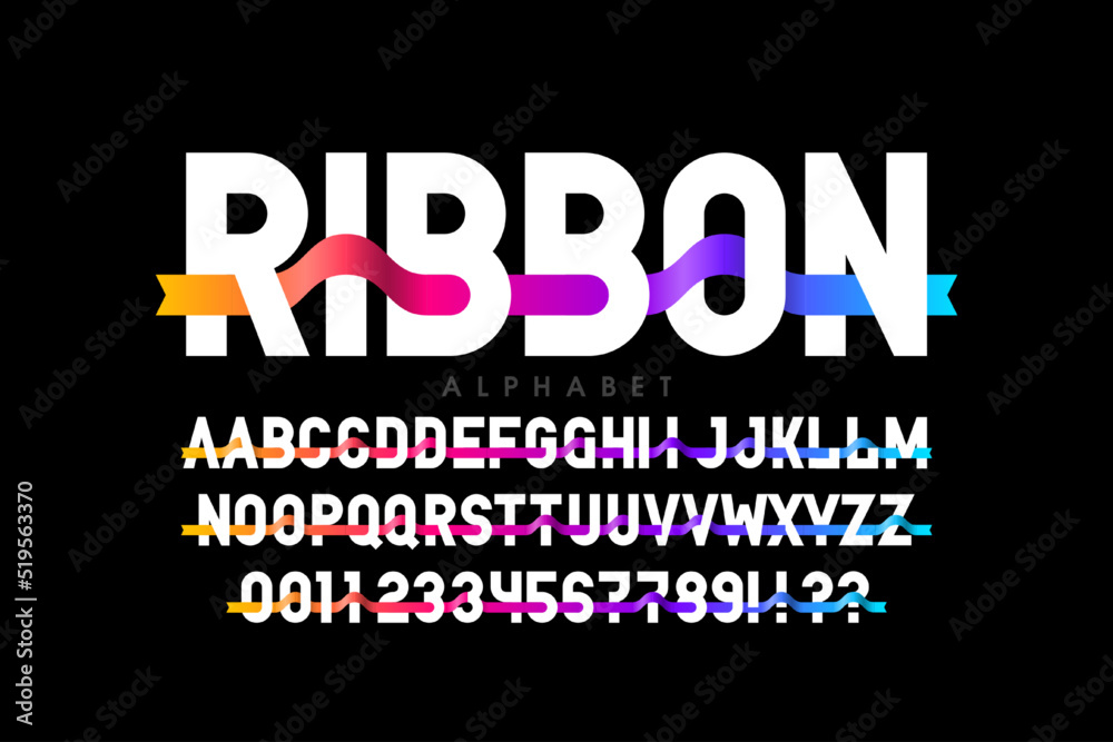 Modern font design with ribbon, alphabet letters and numbers vector illustration
