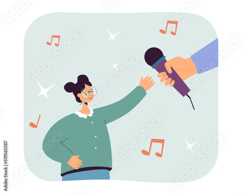 Hand of person giving microphone to cartoon girl. Talent show or karaoke, female singer taking mic flat vector illustration. Hobby, success, music concept for banner, website design or landing page