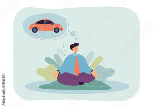 Businessman meditating and thinking of buying car. Office worker in lotus pose and auto in thought bubble flat vector illustration. Transport, transportation, motivation concept for banner