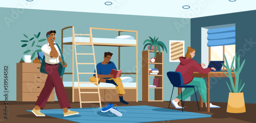 Flat students in dormitory room. Teens living together in university dorm bedroom or hostel apartment with bunk bed, table with laptop, chair and bookshelf. Multicultural teenagers preparing for exams photo