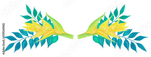 Tropical flower and leaves design arrangement, floral illustration border