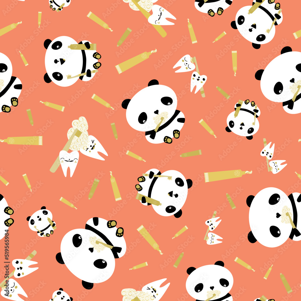 Kawaii panda kids dental health care vector educational seamless pattern background. Cute cartoon bears with toothbrush, tooth paste, brushing teeth. Teddy bears and teeth in gender neutral colors.