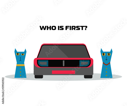 Blue cats in flat design near a red car arguing.