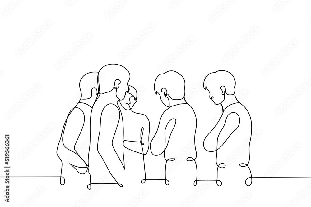 crowd of men standing in a circle with crossed arms - one line drawing vector. concept brainstorming, suspense, company of friends, partners or colleagues