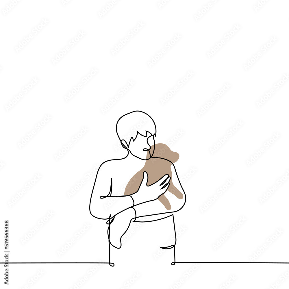 man stands holding a puppy in his arms - one line drawing vector. the concept of a dog lover, the owner of the dog lovingly holds and cuddles the pet man stands holding a puppy in his arms - one line drawing vector. the concept of a dog lover, the owner of the dog lovingly holds and cuddles the pet
