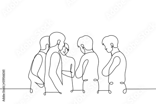crowd of men standing in a circle with crossed arms - one line drawing vector. concept brainstorming, suspense, company of friends, partners or colleagues