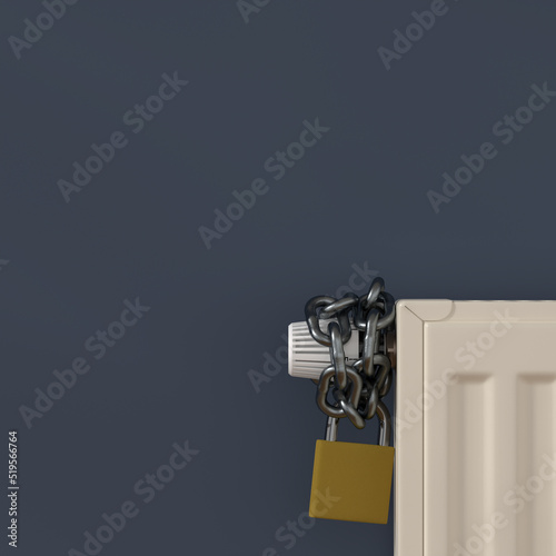 Chain with padlock wrapped around a radiator thermostat, energy saving concept, space for text, 3d rendering