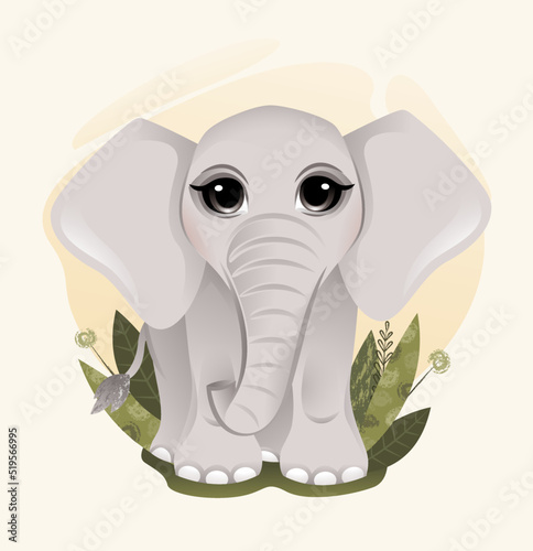 cute little cartoon elephant with vegetation elements