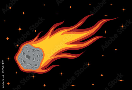 comet glides with fire at night.