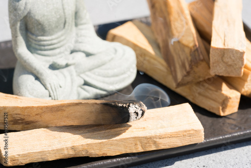 Incense burning. Closeup view of burning palo santo stick with Buddha statue. Zen concept, room fumigation ritual, meditation and spiritual practices. Selective focus