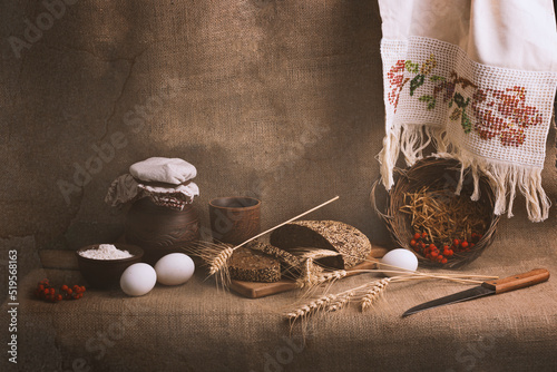 Ukrainian ethnic still life with brown bread