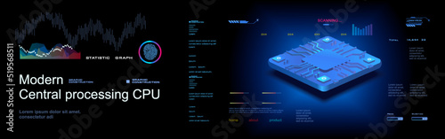Powerful computer processor. The central processor in axonometric projection. Presentation of the new generation processor. Conceptual cyber banner with HUD elements