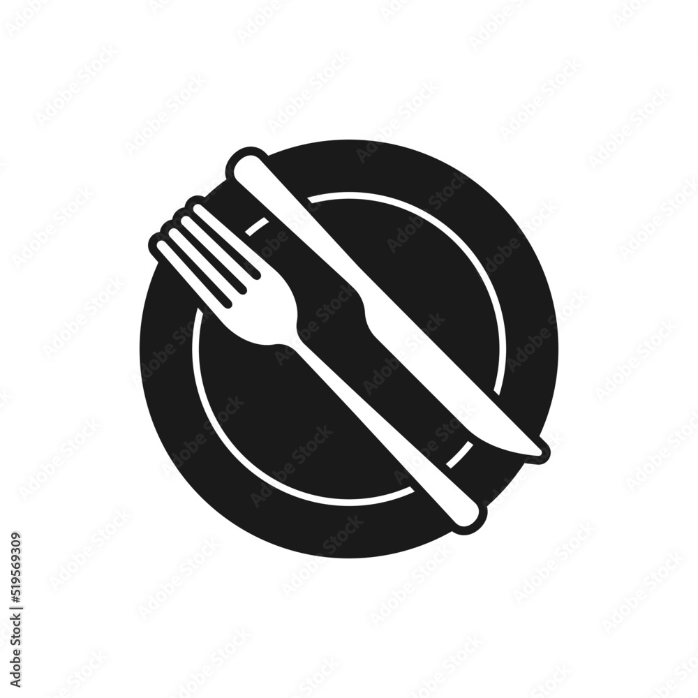 Fork and knife on a plate. Eat icon flat style isolated on white background. Vector illustration Fork and knife on a plate. Eat icon flat style isolated on white background. Vector illustration