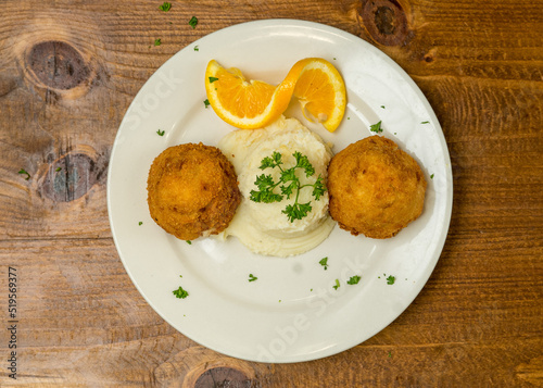 chicken croquettes and mashed potatoes