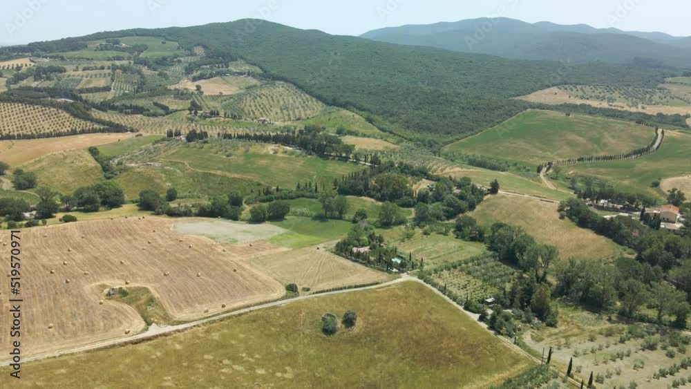 Aerial images of Tuscany in Italy cultivated fields summer, Grosseto Livorno cured meat Aerial images of Tuscany in Italy cultivated fields summer, Grosseto Livorno cured meat