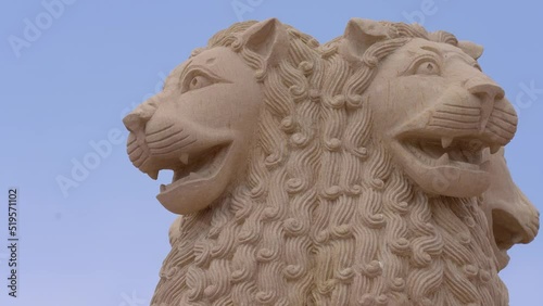 Closeup View Of Ashoka Pillar Four-Lion National Emblem On Blue Sky Background At Hall Of Fame Cemetery War Memorial In Leh, India. - Closeup, Low-Angle Shot