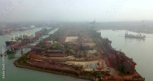 Fly Over Sprawling Area Of Paradip Port In Orisha, India On A Foggy Day - Aerial shot photo