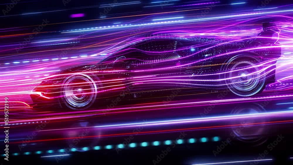 Technology concept: The silhouette of a racing car is driving fast moving on a neon highway. Powerful acceleration of a supercar on a night track with colorful lights and trails. 3d animation