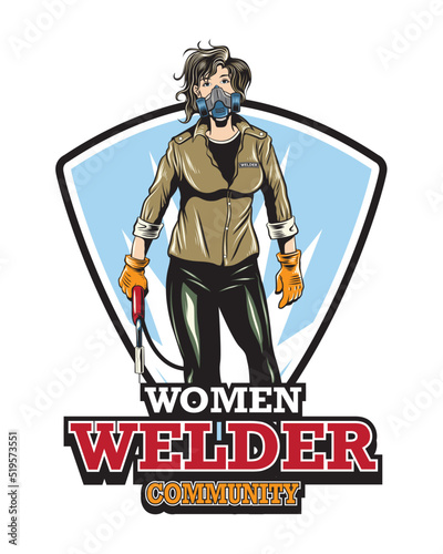 women welder community emblem style logo vector
