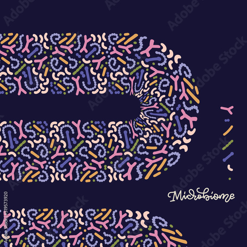 Microbiome abstarct banner design. Probiotics concept. Lactic acid bacteria. Good microorganisms for gut, intestinal flora health. Microflora. Vector flat vector illustration.