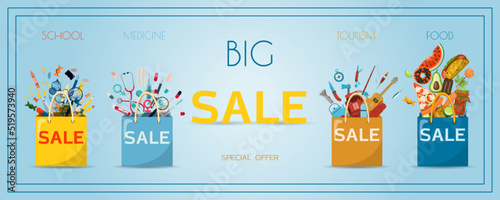 Advertising poster for black Friday, packages with goods for school, tourism, food and medicine. Banner for discounts and sales. A poster with an inscription and a special offer of the store. Online