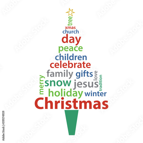 An illustration of a Christmas tree made up of words cloud concept