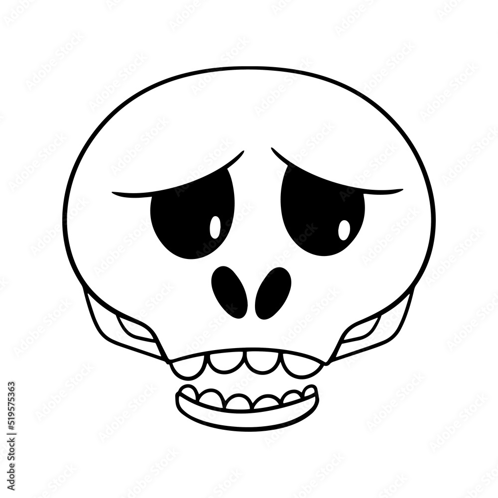 Monochrome picture, Sad character, Cute cartoon skull , vector illustration in cartoon style