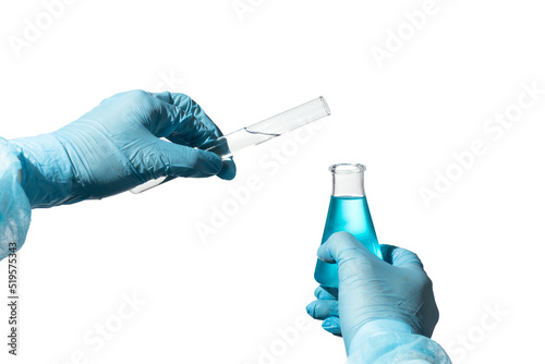 the hands of a scientist or doctor in medical gloves hold a test tube with a blue liquid on a white background, chemistry or medical biology experiment technology,