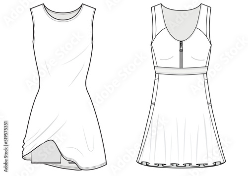women running dress with compression tight shorts, sleeveless crew neck girls, womens sportswear flat sketch vector illustration