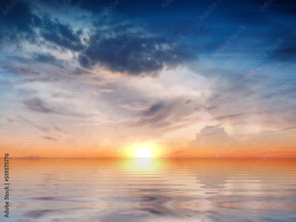  blue bright sky with sun flares on yellow cloudy sunset sun beam light at sea  water reflection nature background 