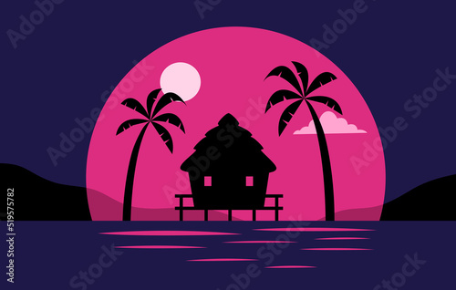 Obraz na plátně Bungalow at sunset in flat design. Sunset tropical wooden house.