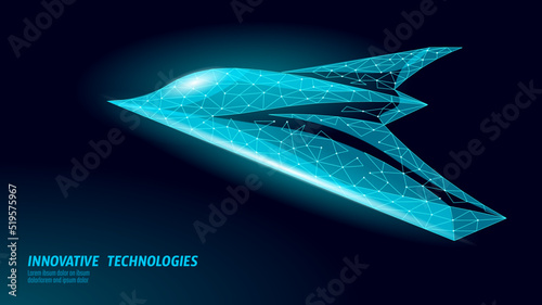 3D combat drone low poly concept. Unmanned military aerial vehicle battlefield UAV target acquisition. War drone airplane army strikes conflict vector illustration