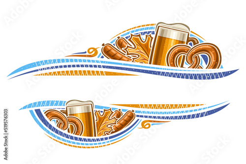 Vector border for Oktoberfest with blank copy space for ad text, decorative greeting card with illustration of beer mug, oktoberfest pretzel, dry autumn leaves and grilled sausages on white background