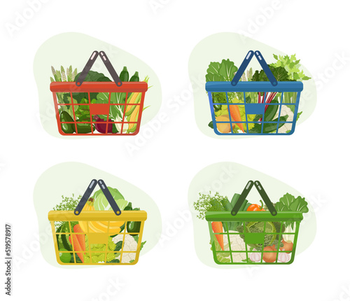 Grocery shopping baskets with fresh green vegetables and fruits from local farm market. Healthy vegan food set. Vector illustration isolated on white background