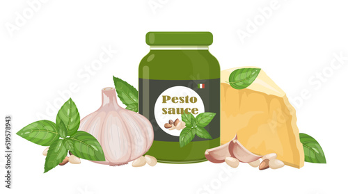 Pesto, Italian cuisine sauce with ingredients: garlic, pine nuts, parmesan cheese, green basil, vector illustration isolated on white background