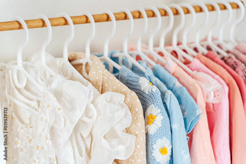 Hangers Baby Clothes Rack Wardrobe Closeup Stock Photo by
