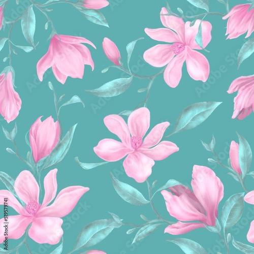 Beautiful  pink magnolia flowers on teal background pastel colors seamless pattern for fashion fabric design 