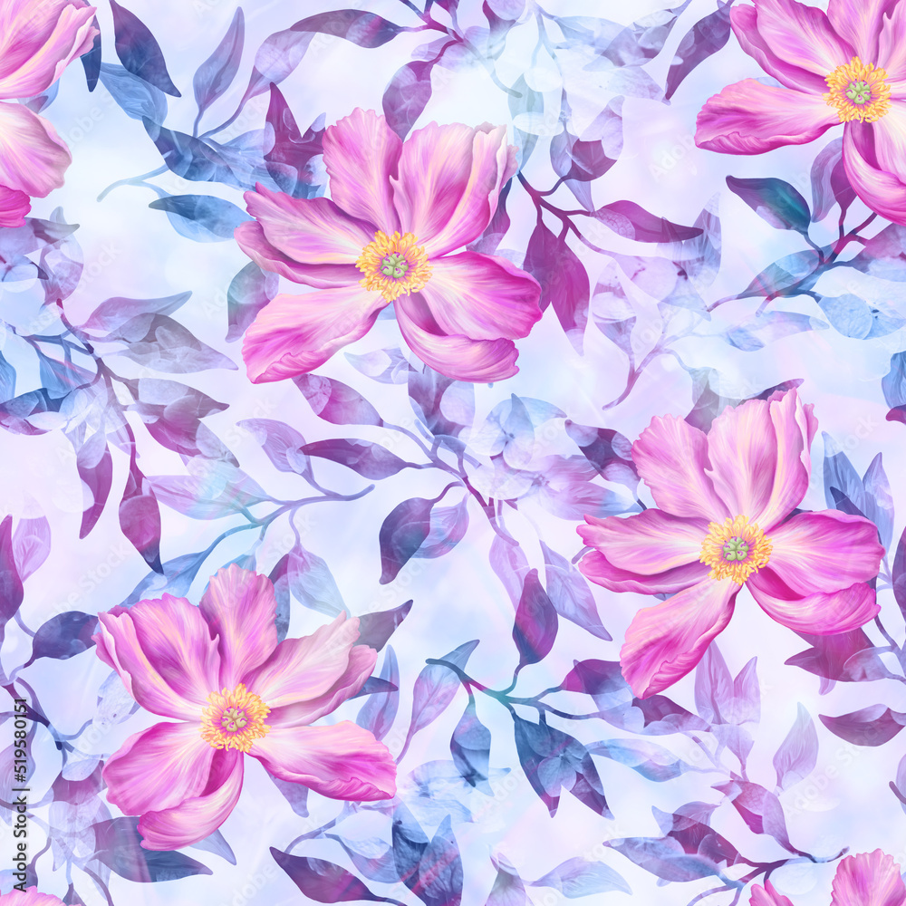 Fototapeta premium Floral seamless background. Pattern with beautiful watercolor flowers. Botanical hand drawn illustration. Texture for print, fabric, textile, packing.