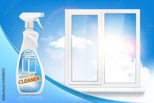 Window cleaner promo poster. Bottle trigger spray
