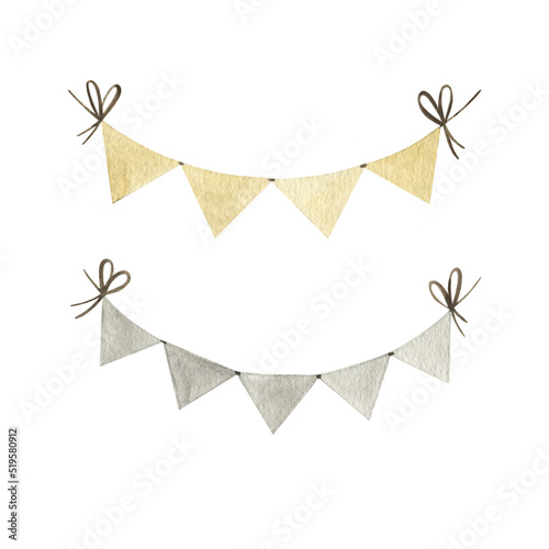 Drawing of holiday flags.  Watercolor illustration. Isolated object on a white background. Hand-drawn illustration. photo