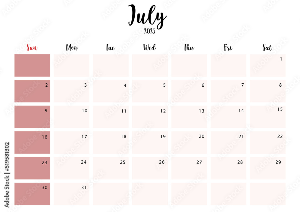 2023 July month calendar starting on Sunday - obrazy, fototapety, plakaty 